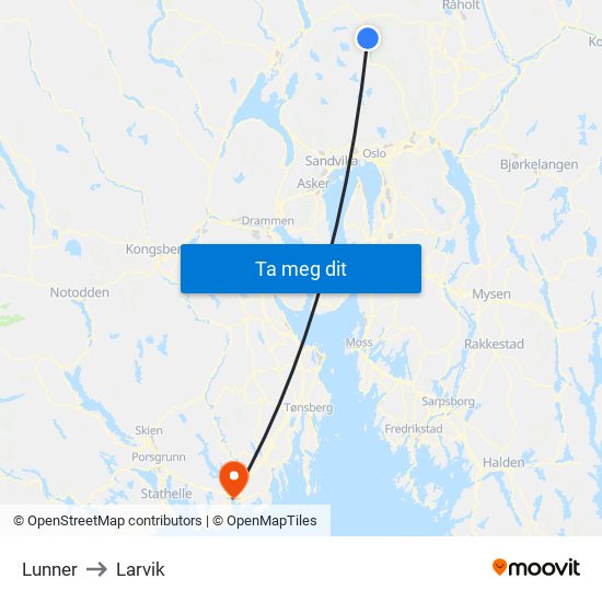 Lunner to Larvik map