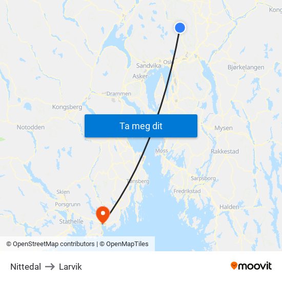 Nittedal to Larvik map