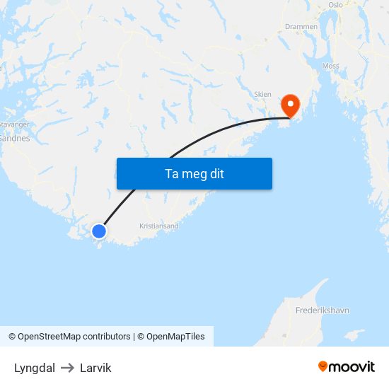 Lyngdal to Larvik map