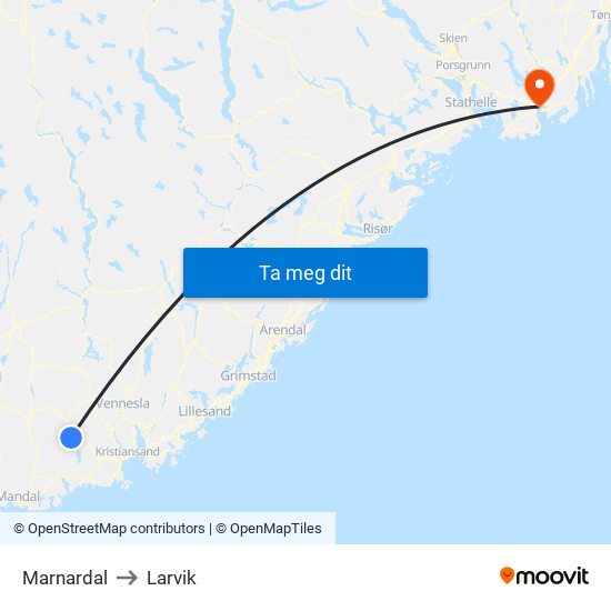 Marnardal to Larvik map