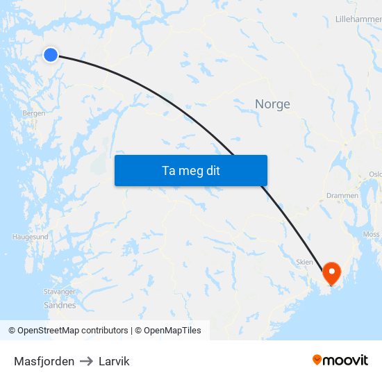 Masfjorden to Larvik map