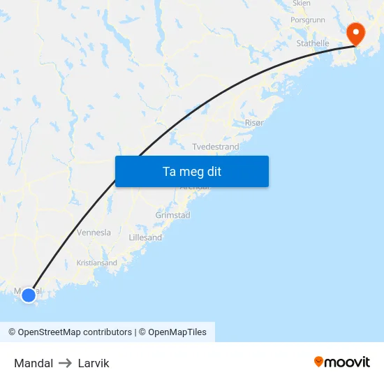 Mandal to Larvik map