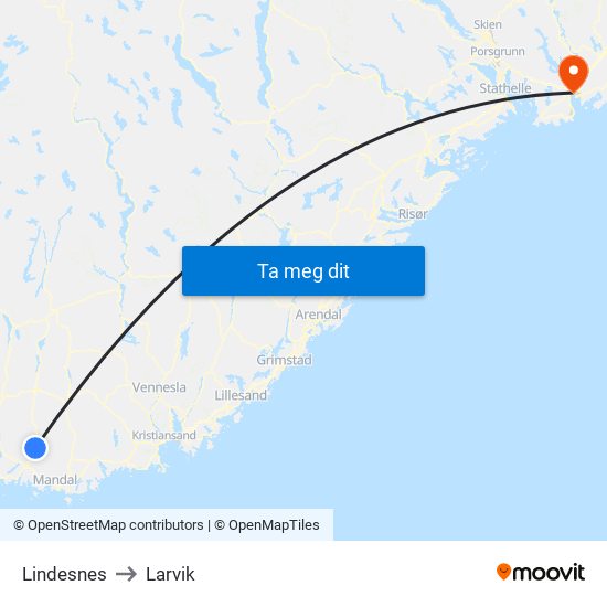 Lindesnes to Larvik map