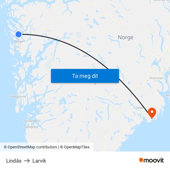 Lindås to Larvik map