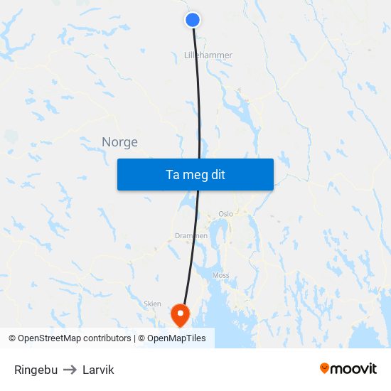 Ringebu to Larvik map