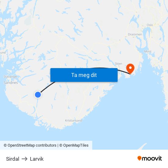 Sirdal to Larvik map