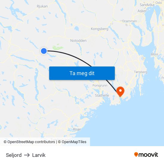 Seljord to Larvik map