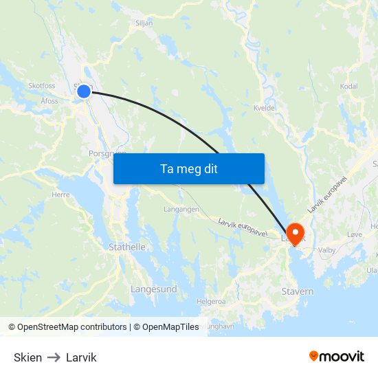 Skien to Larvik map