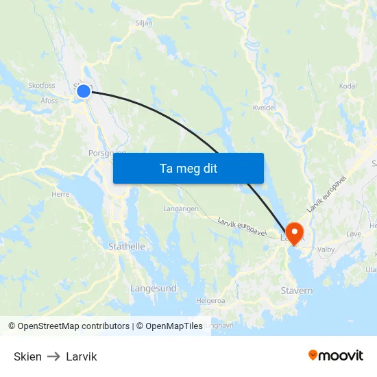 Skien to Larvik map