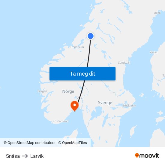 Snåsa to Larvik map
