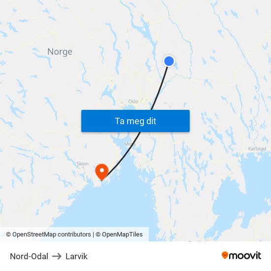 Nord-Odal to Larvik map