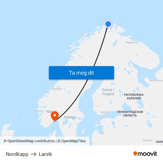 Nordkapp to Larvik map