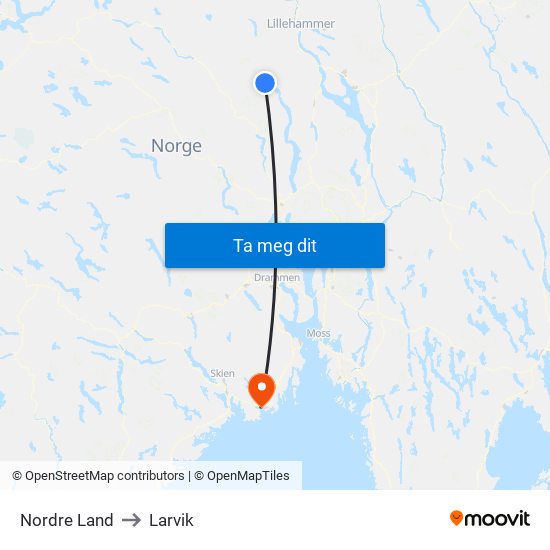 Nordre Land to Larvik map
