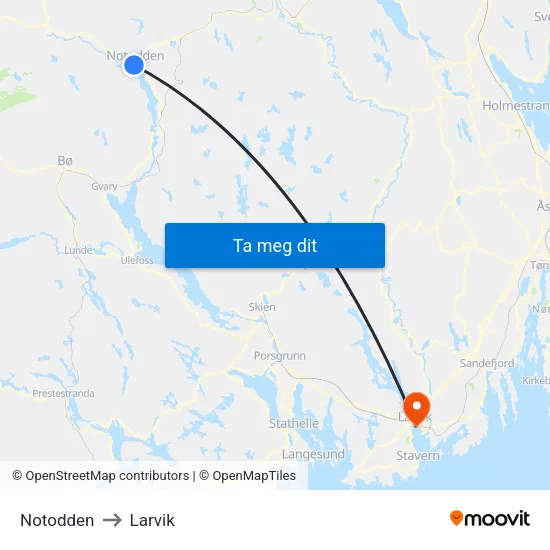 Notodden to Larvik map