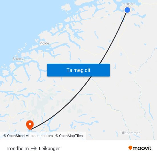 Trondheim to Leikanger map