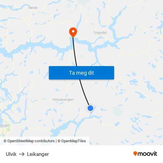 Ulvik to Leikanger map