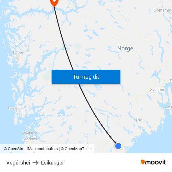 Vegårshei to Leikanger map