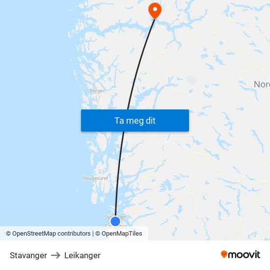 Stavanger to Leikanger map