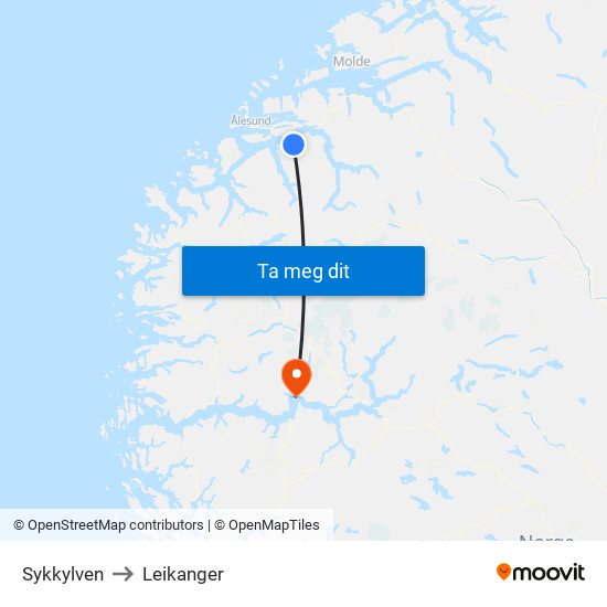 Sykkylven to Leikanger map