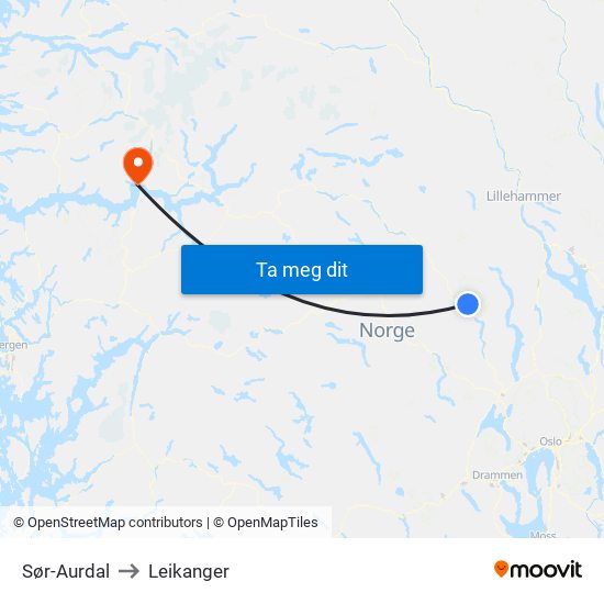 Sør-Aurdal to Leikanger map
