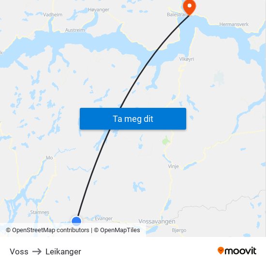 Voss to Leikanger map