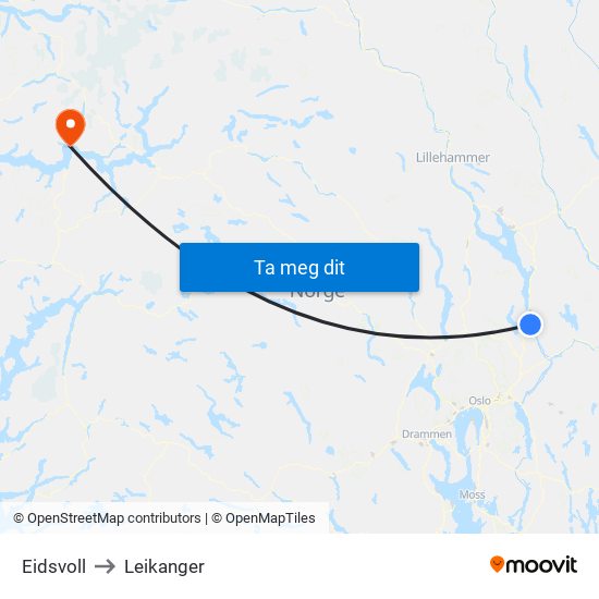 Eidsvoll to Leikanger map