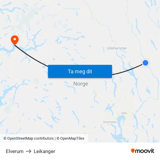 Elverum to Leikanger map