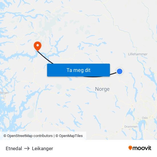 Etnedal to Leikanger map