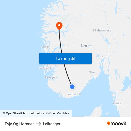 Evje Og Hornnes to Leikanger map