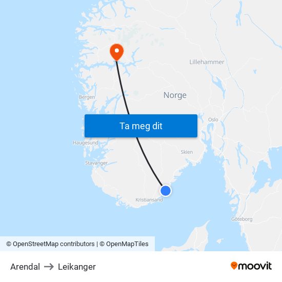 Arendal to Leikanger map