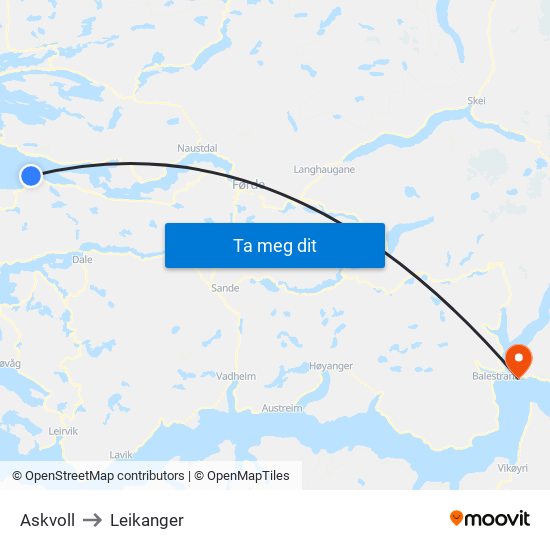 Askvoll to Leikanger map