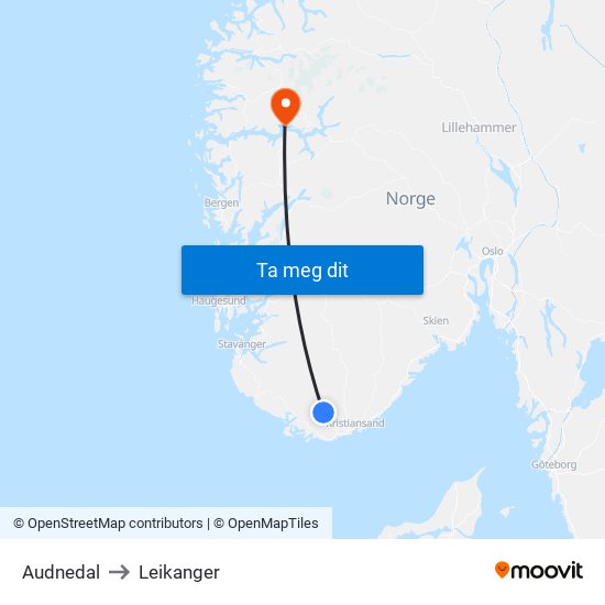 Audnedal to Leikanger map