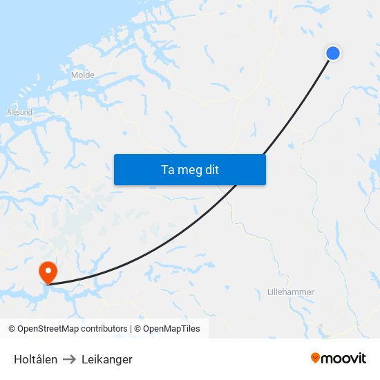 Holtålen to Leikanger map