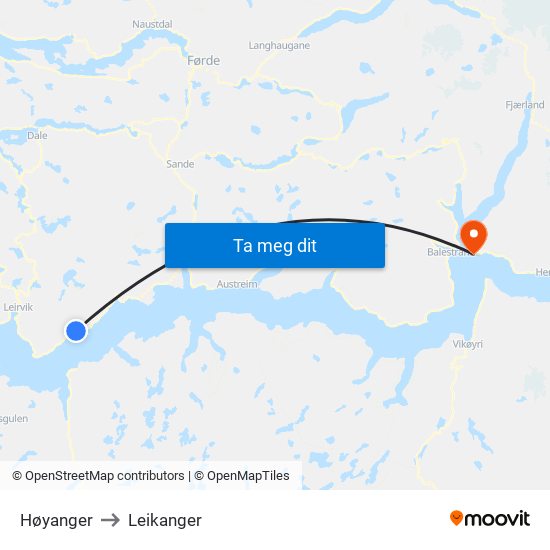 Høyanger to Leikanger map