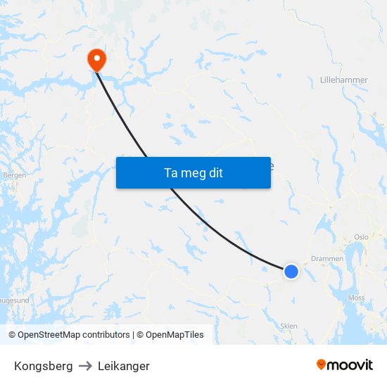 Kongsberg to Leikanger map