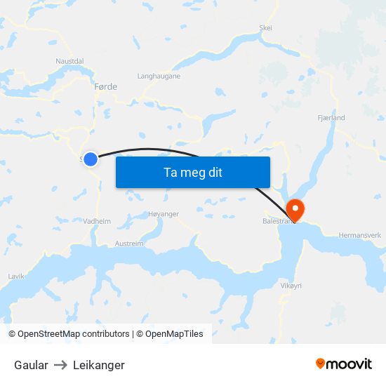 Gaular to Leikanger map