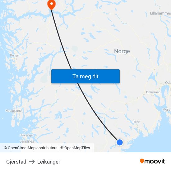 Gjerstad to Leikanger map