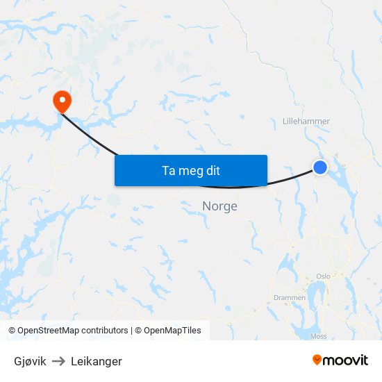Gjøvik to Leikanger map