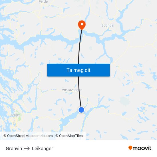 Granvin to Leikanger map