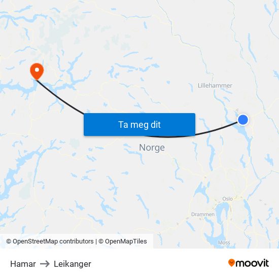 Hamar to Leikanger map