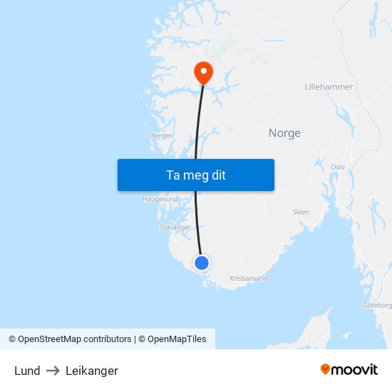 Lund to Leikanger map