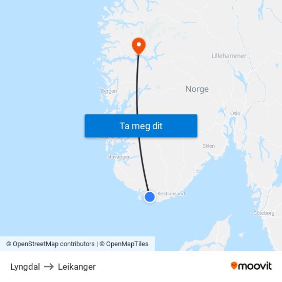Lyngdal to Leikanger map