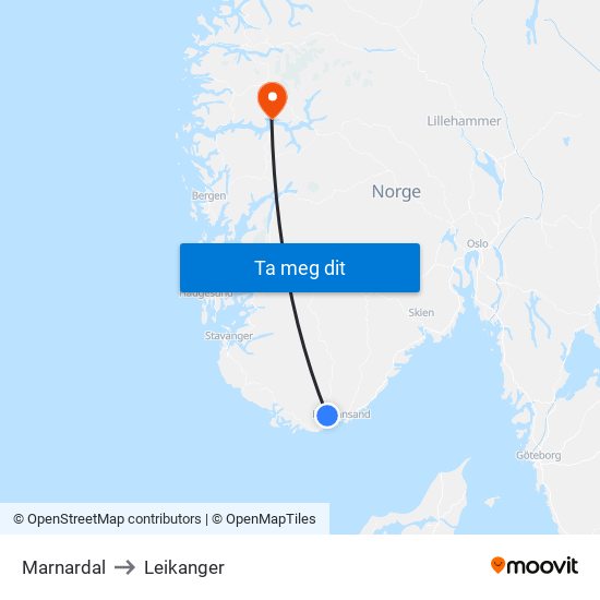 Marnardal to Leikanger map