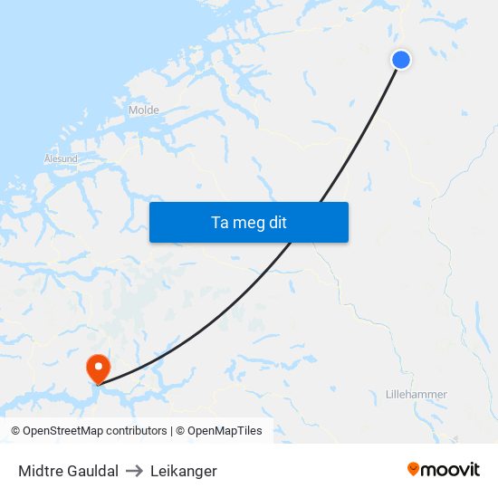 Midtre Gauldal to Leikanger map