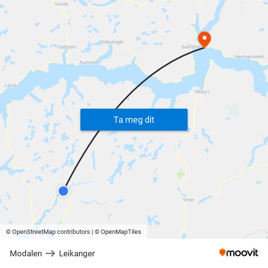 Modalen to Leikanger map