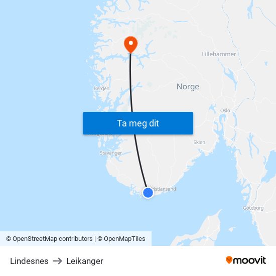 Lindesnes to Leikanger map