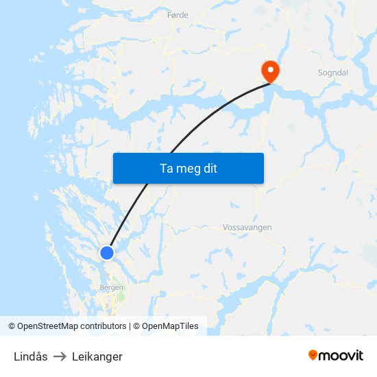 Lindås to Leikanger map