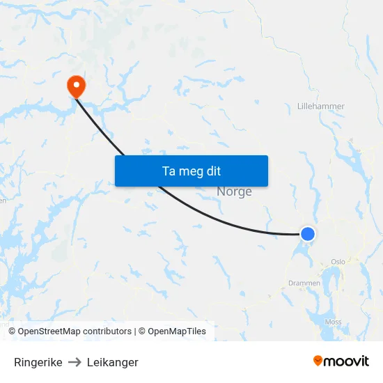 Ringerike to Leikanger map