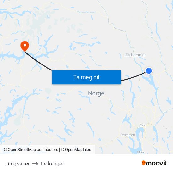 Ringsaker to Leikanger map