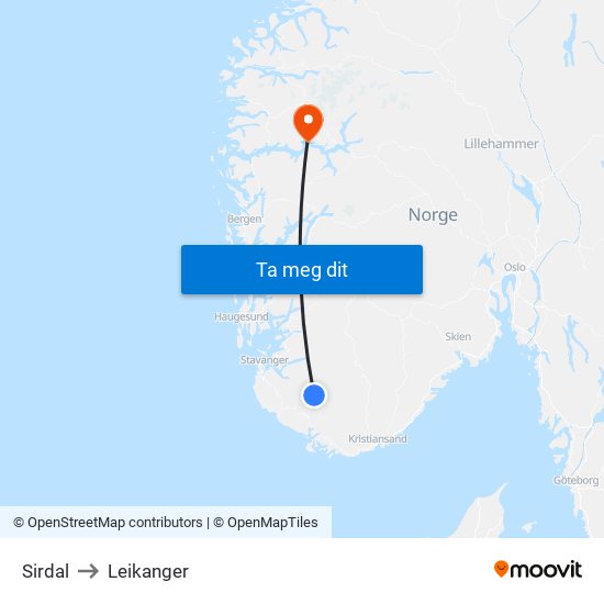 Sirdal to Leikanger map